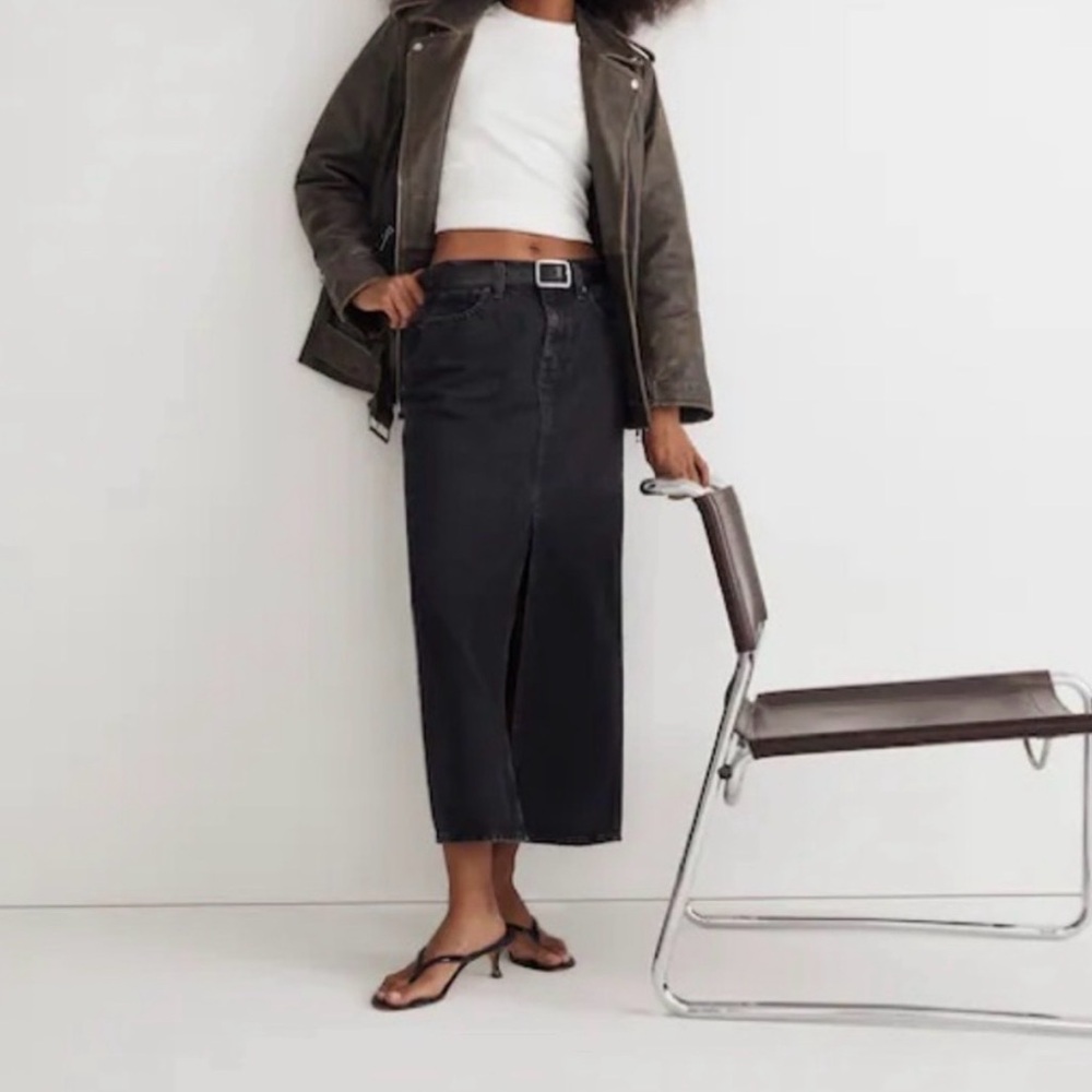 Madewell Black Midi Denim Skirt with Front Slit